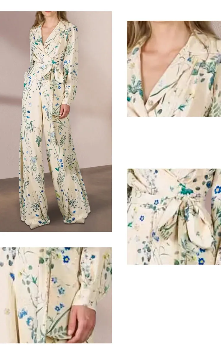 Alejandra loral Print Jumpsuit Women's Lapel Frenulum Gathered Waist Slim Long Wide Leg Jumpsuit