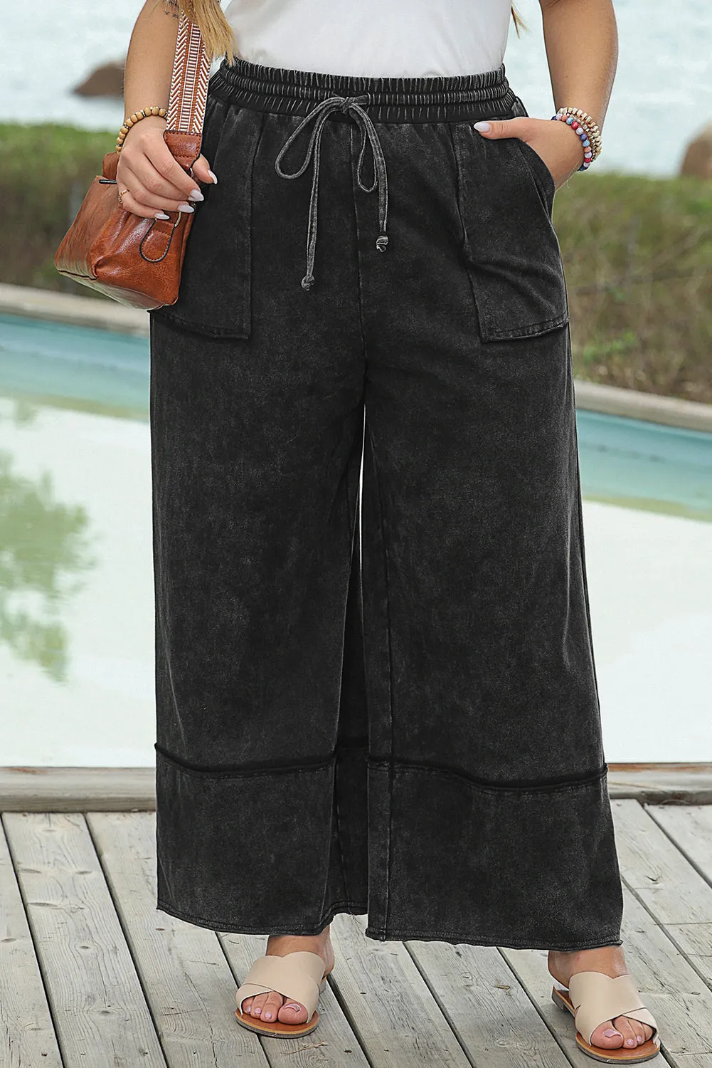 Black Plus Mineral Wash Exposed Seam Wide Leg Cropped Pants