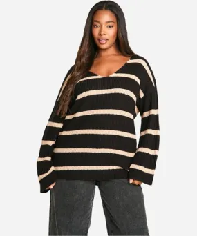 boohoo Womens Plus Chunky Oversized Stripe V Neck Sweater