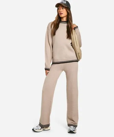 boohoo Womens Tall Contrast Trim Sweater And Wide Leg Trouser Knitted Co-Ord