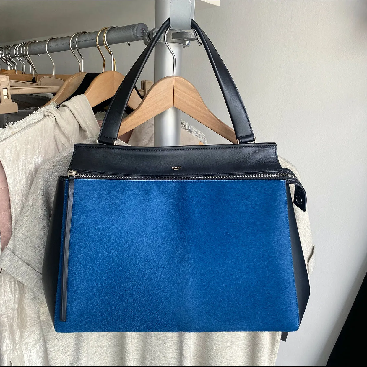 Celine Blue Pony and Black Leather Edge Bag