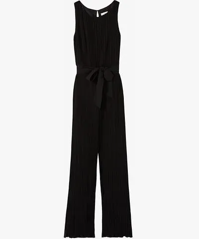 Claudie Pierlot Womens Noir / Gris Boat-neck belted-waist pleated woven jumpsuit