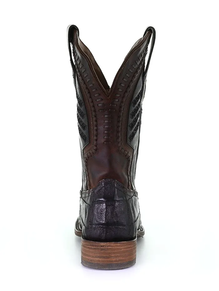 Corral A3878 Mens Embroidery And Woven Square Toe Caiman Boot Oil Brown