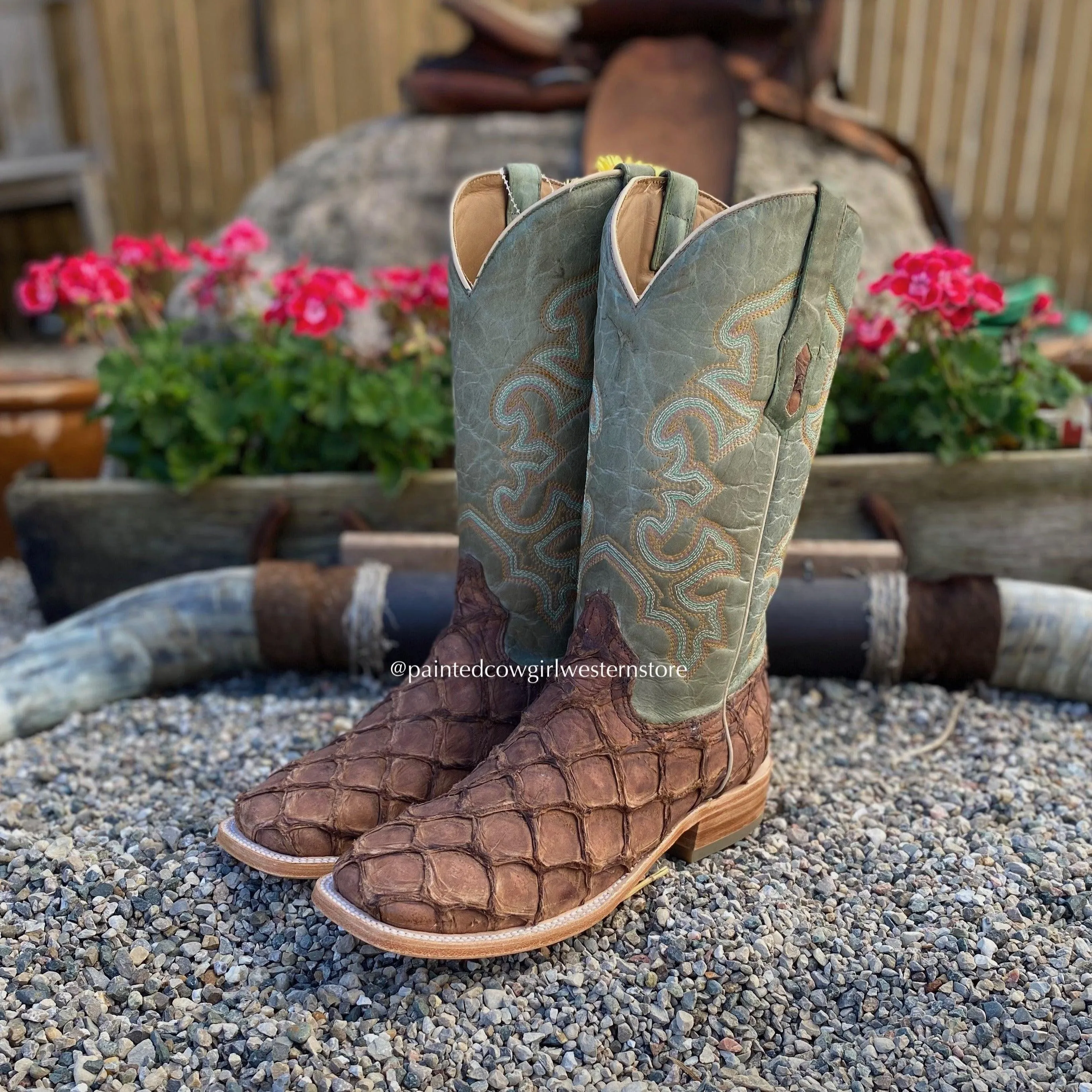 Corral Men's Brown Turquoise Fish Square Toe Cowboy Boots A4048