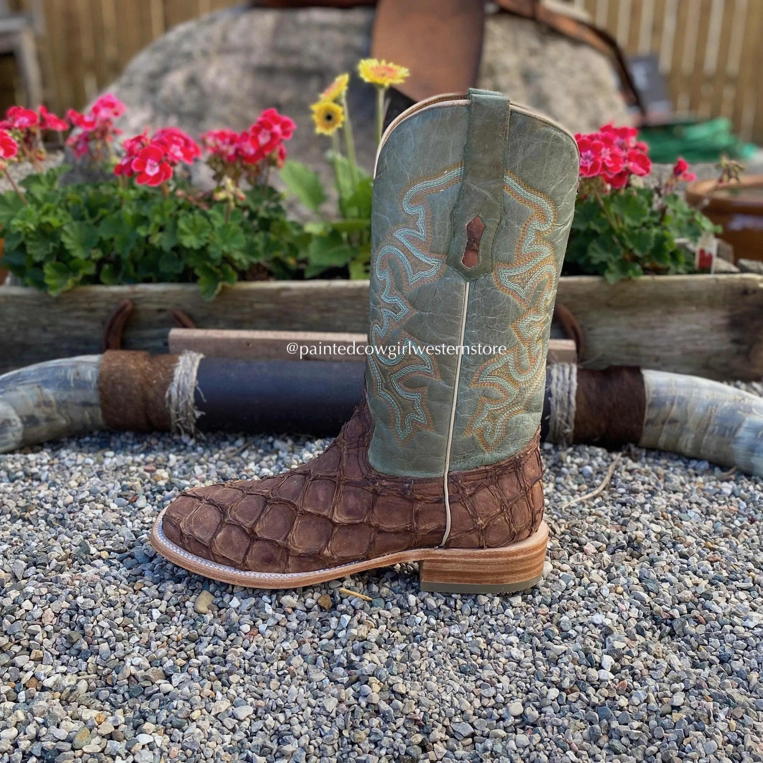 Corral Men's Brown Turquoise Fish Square Toe Cowboy Boots A4048