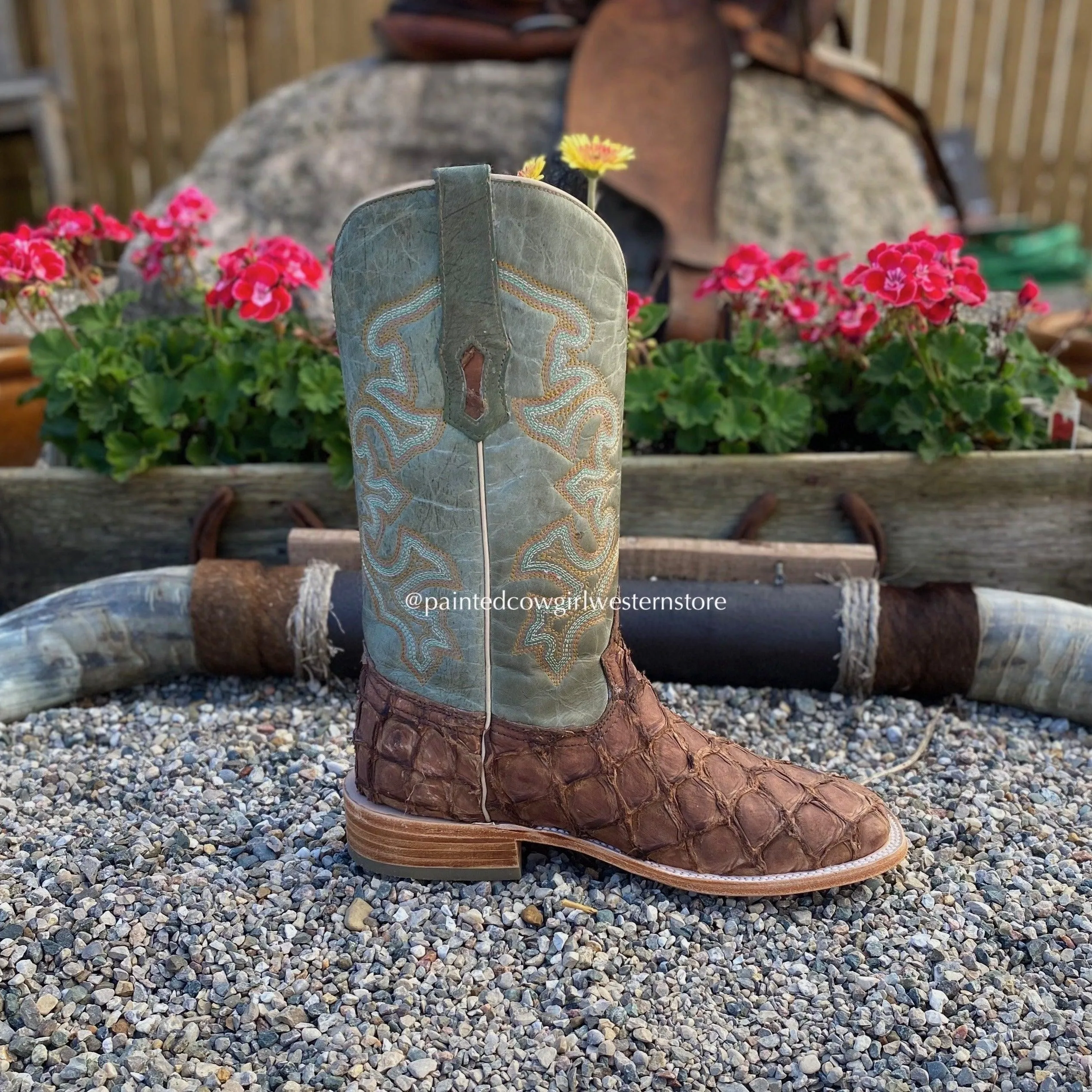 Corral Men's Brown Turquoise Fish Square Toe Cowboy Boots A4048