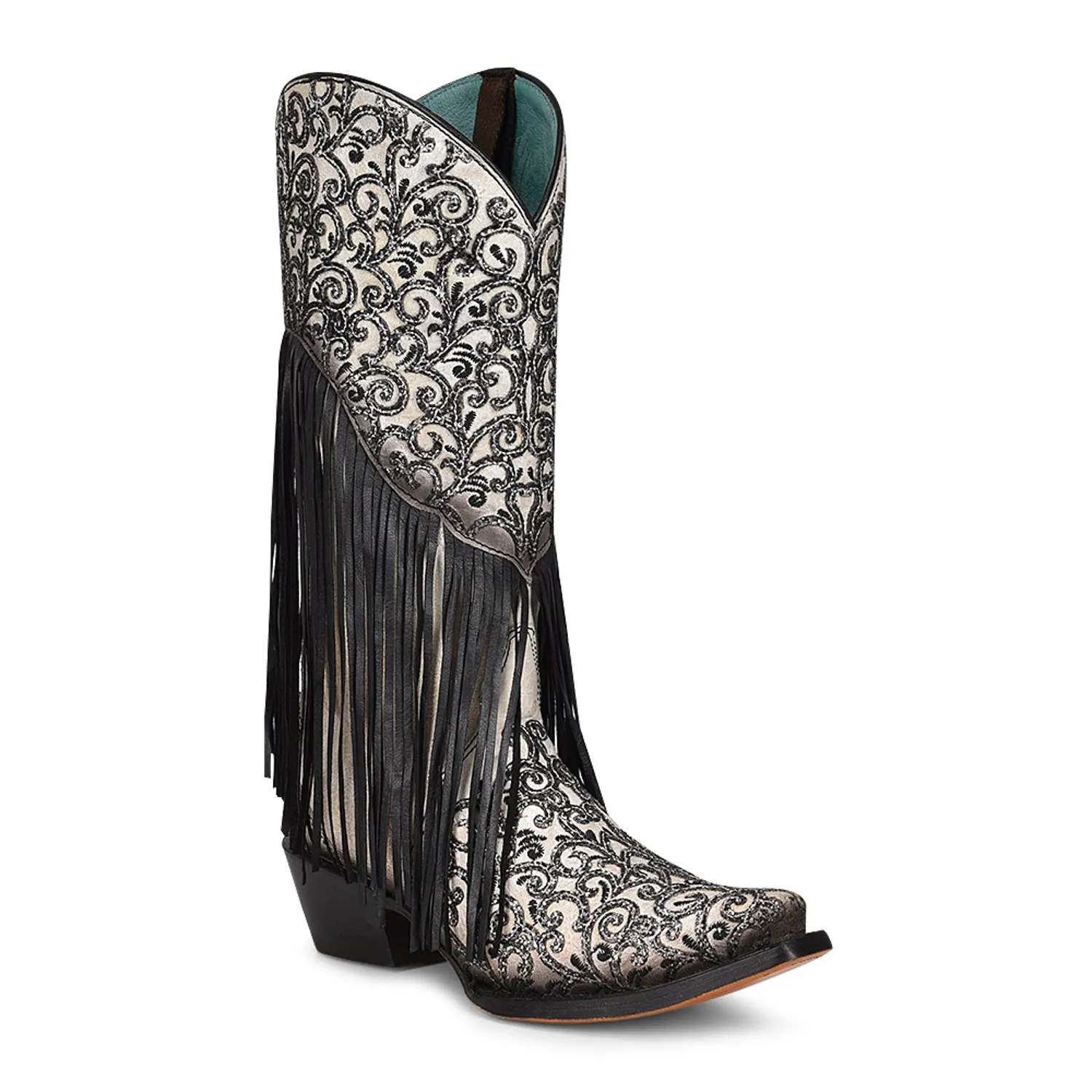 Corral Womens Intricate Fringe Cowboy Boots Leather Black/White