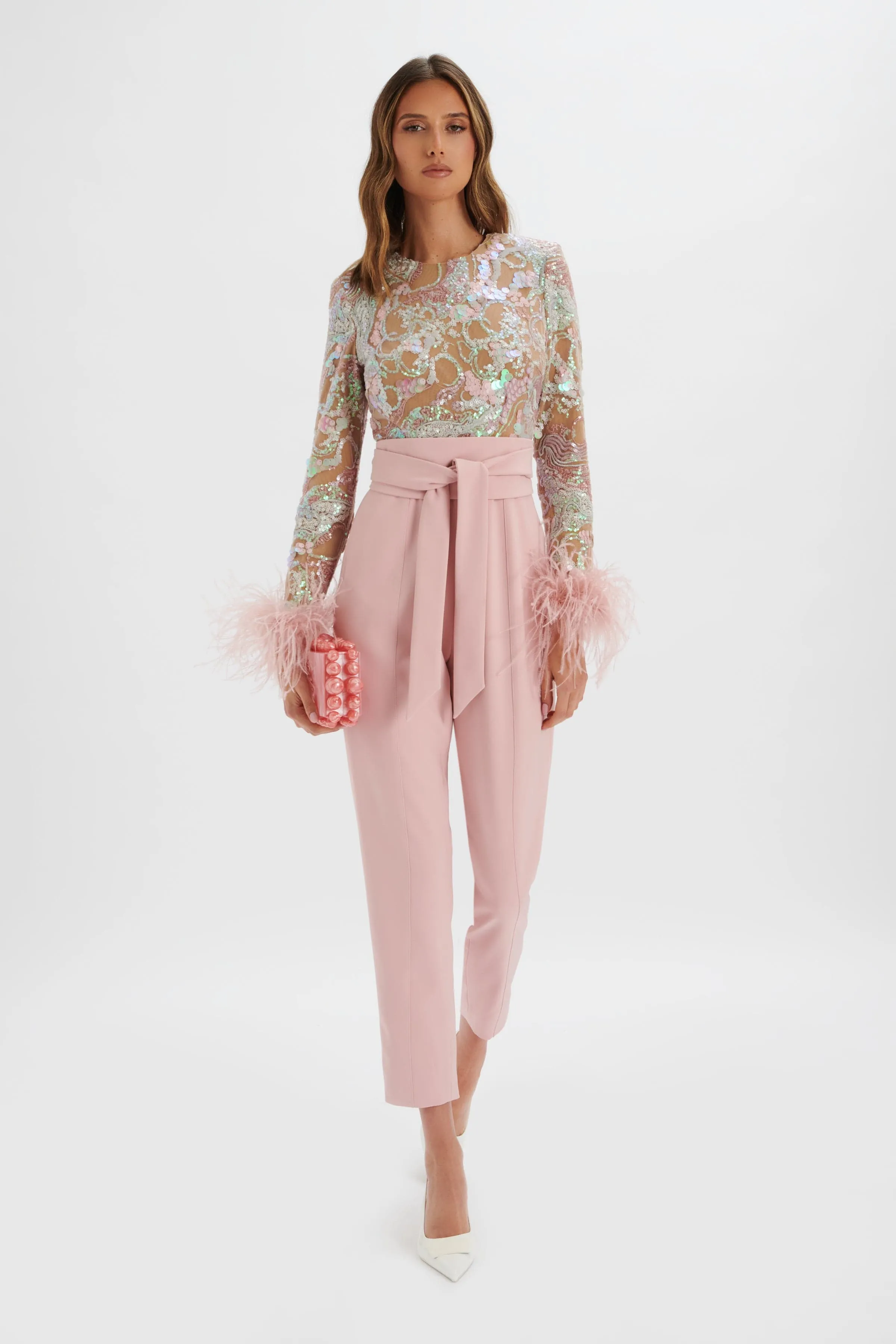 DELIA Embellished Feather Cuff Jumpsuit in Pink