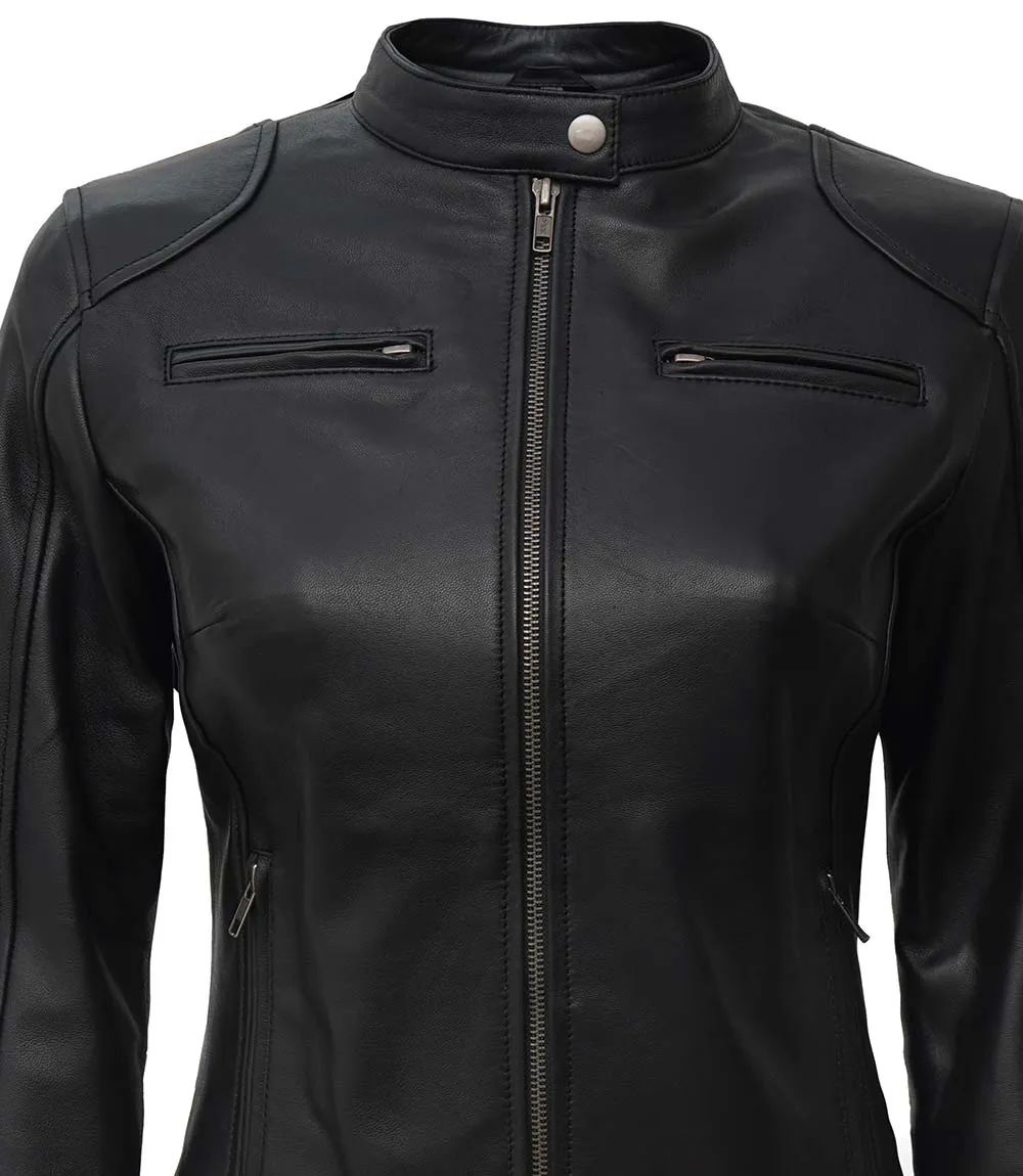 Dodge Women's Petite Black Lambskin Leather Motorcycle Jacket