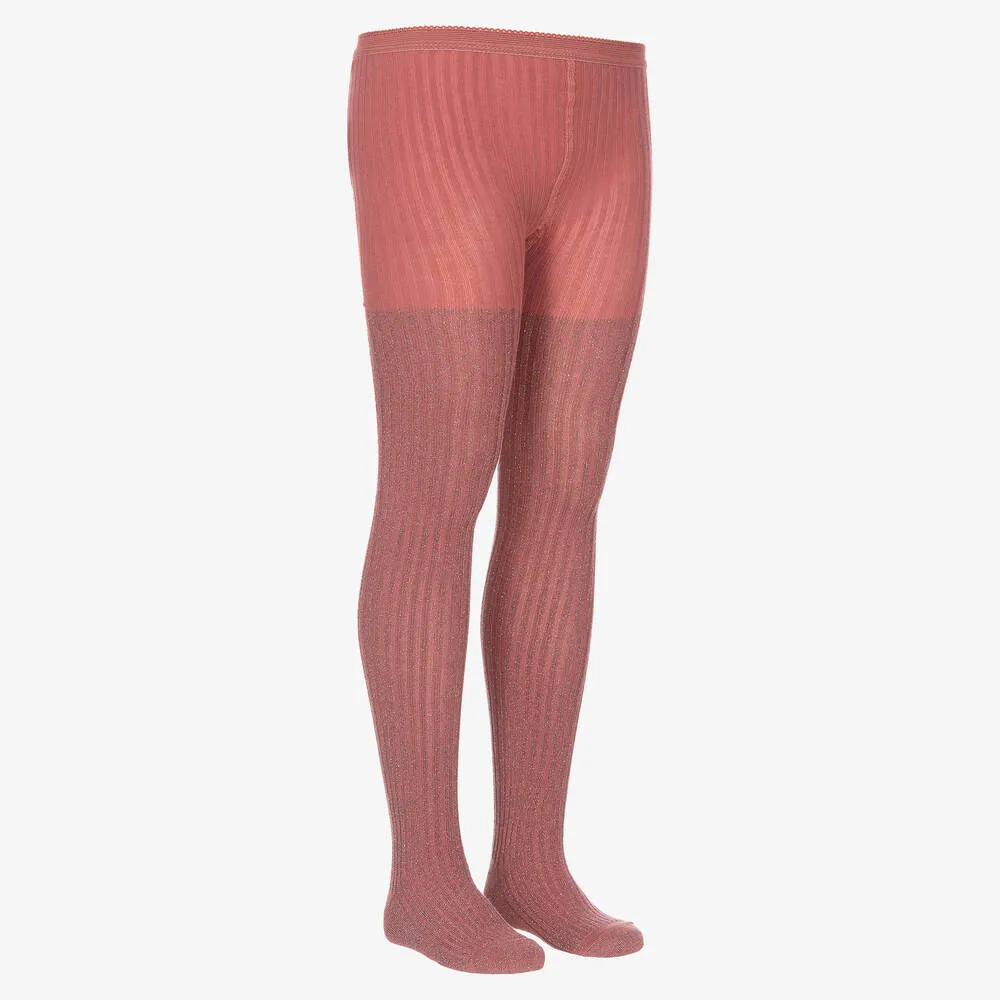 Girls Sparkly Pink Ribbed Tights