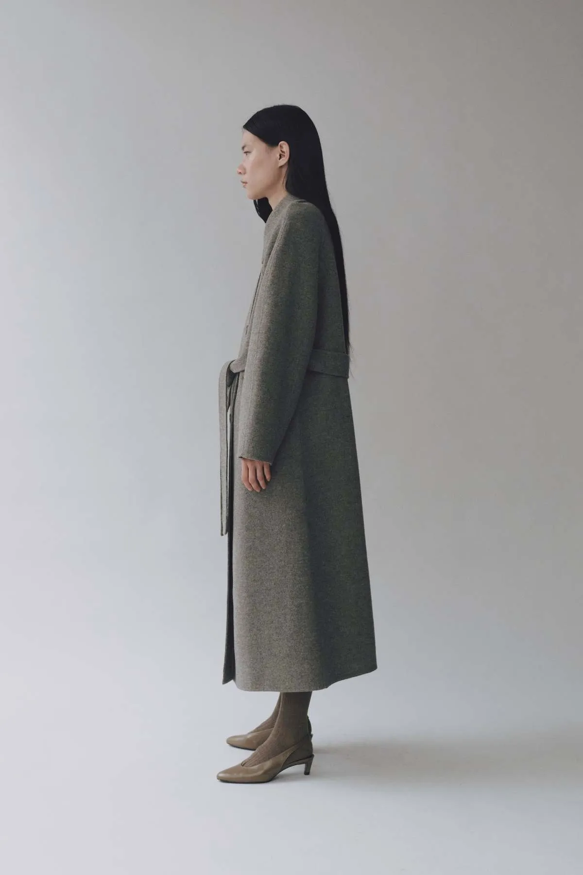 Handmade Long Wool Coat - Khaki Grey