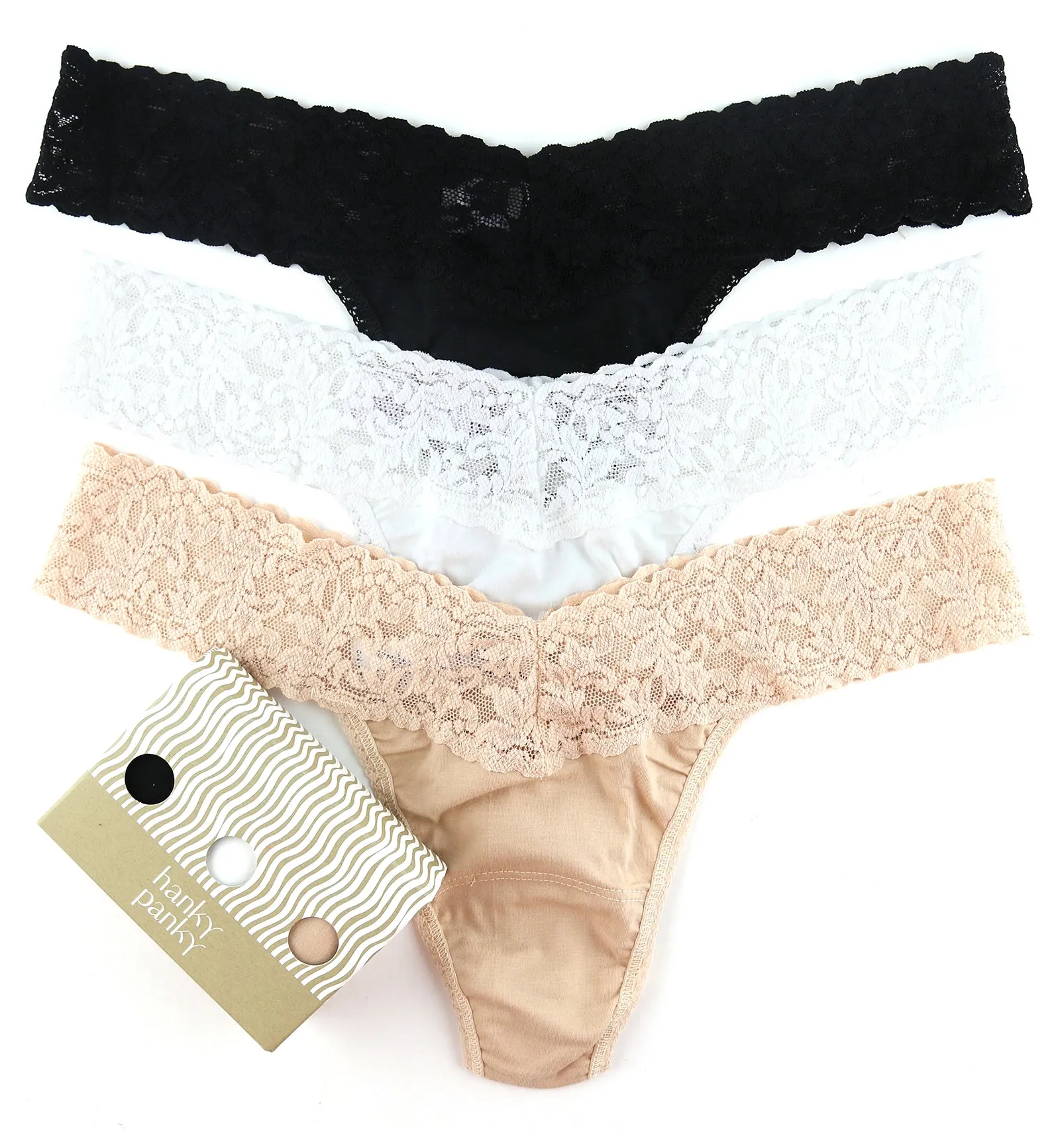 Hanky Panky 3-PACK Cotton Low Rise Thong (8915813PK) - Black/White/Chai