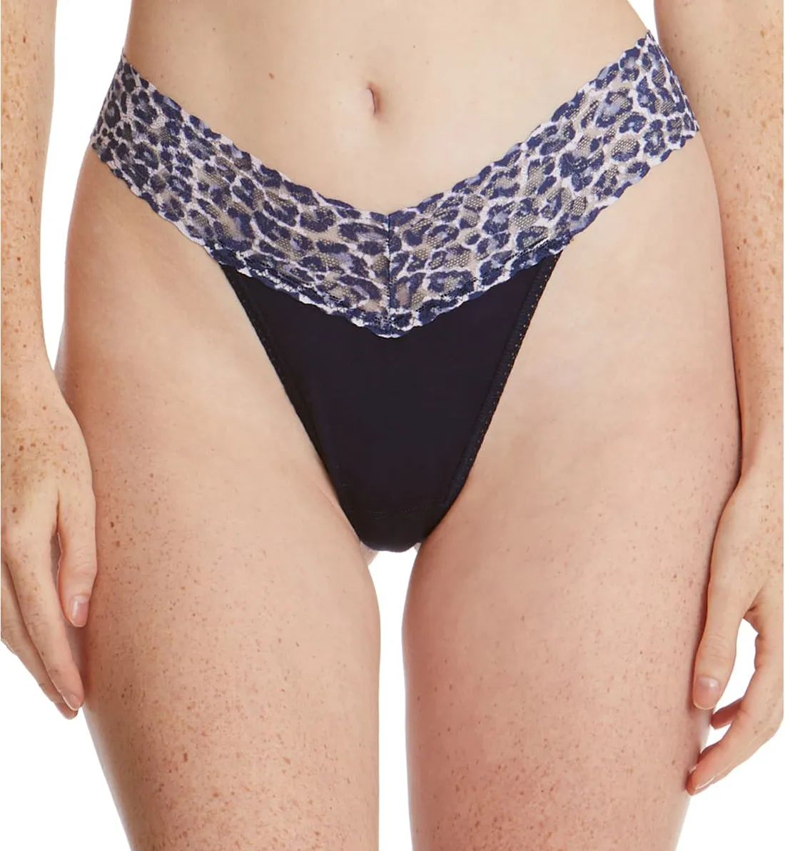 Hanky Panky Cotton-Spandex Original Rise Thong (891802P) - Navy/Leopard