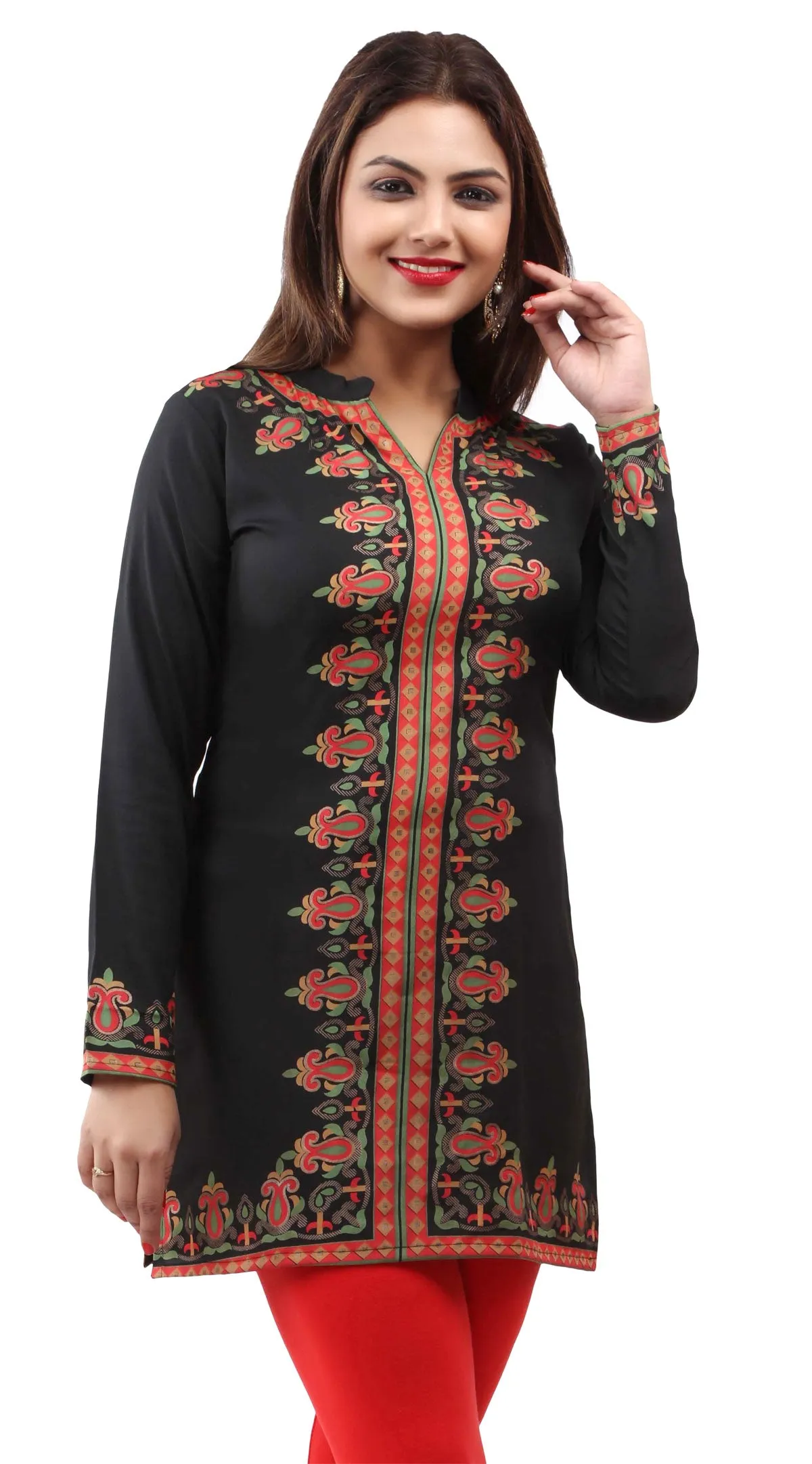 India Kurti Women's Blouse Printed Indian Clothing (Black)