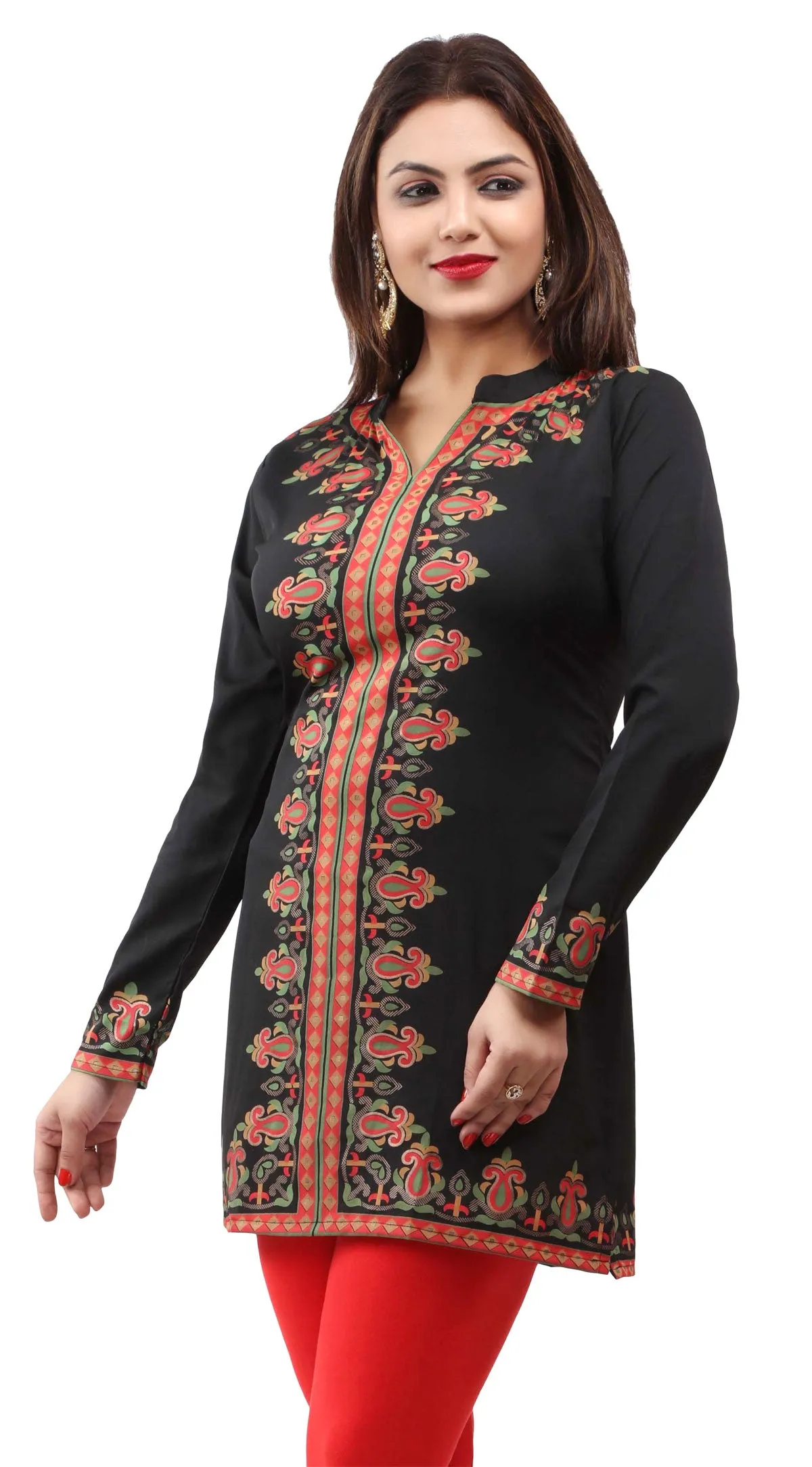 India Kurti Women's Blouse Printed Indian Clothing (Black)