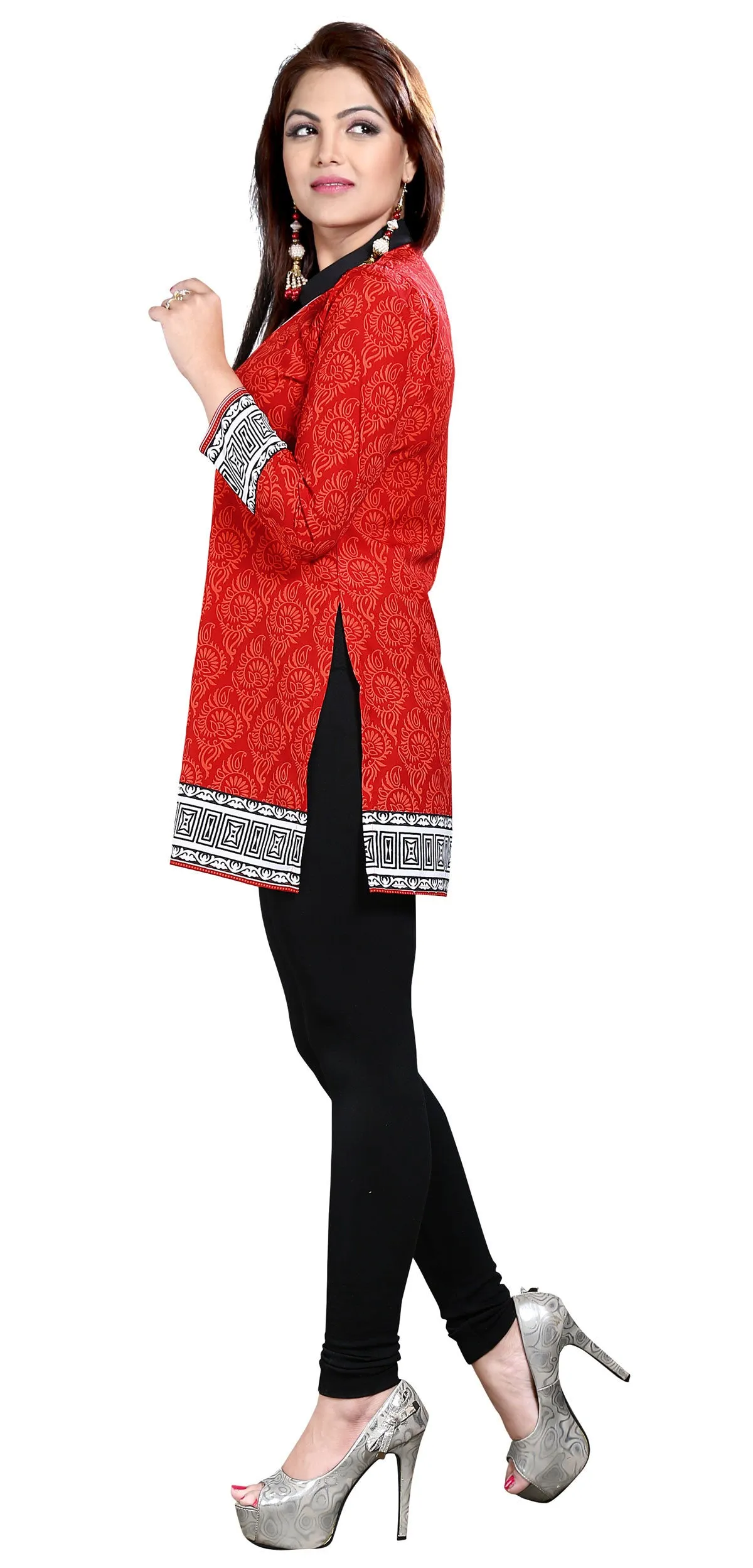 India Tunic Top Long  Kurti Womens Printed Indian Clothing (Red)