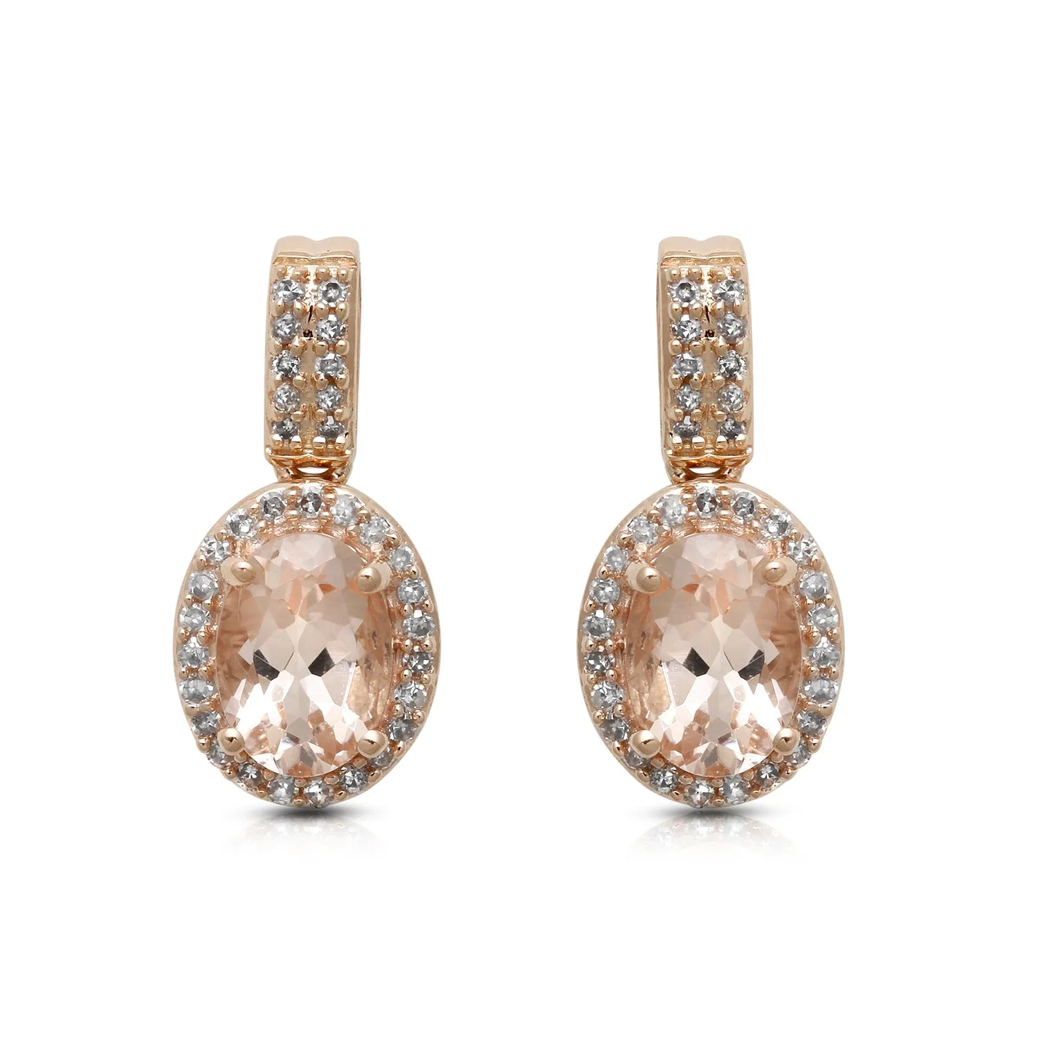 Jewelili 10K Rose Gold Natural Morganite Oval With 1/5 CTTW Natural White Diamonds Dangle Earrings