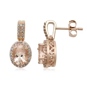 Jewelili 10K Rose Gold Natural Morganite Oval With 1/5 CTTW Natural White Diamonds Dangle Earrings