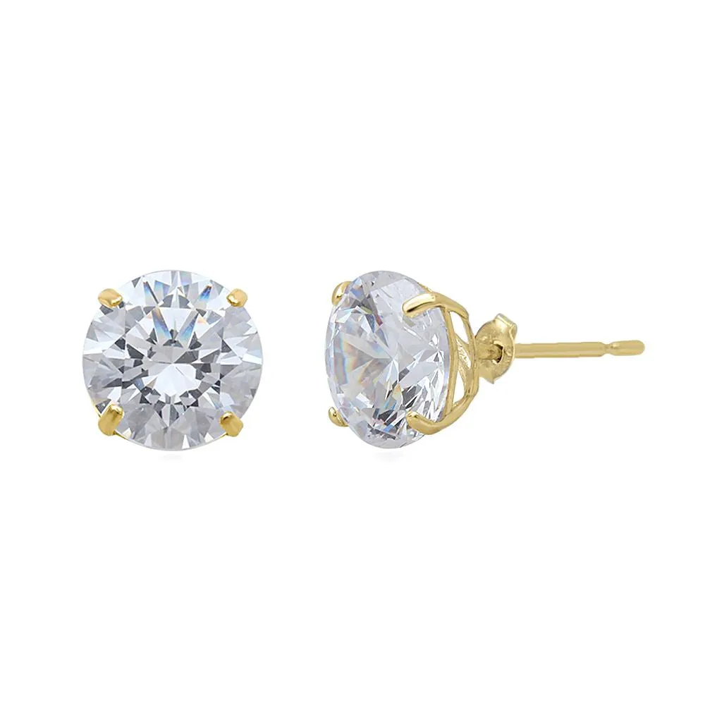 Jewelili 10K Yellow Gold With Cubic Zirconia Solitaire Stud Earrings