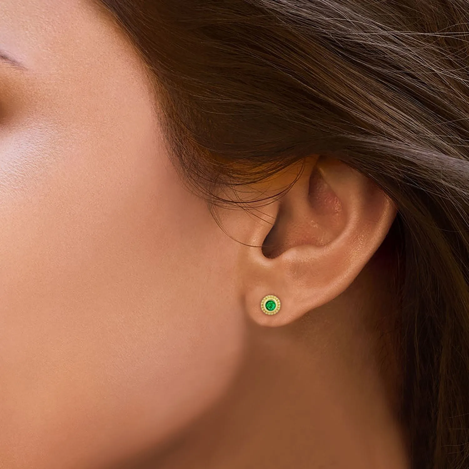 Jewelili 10K Yellow Gold with Natural Round Emerald Stud Earrings