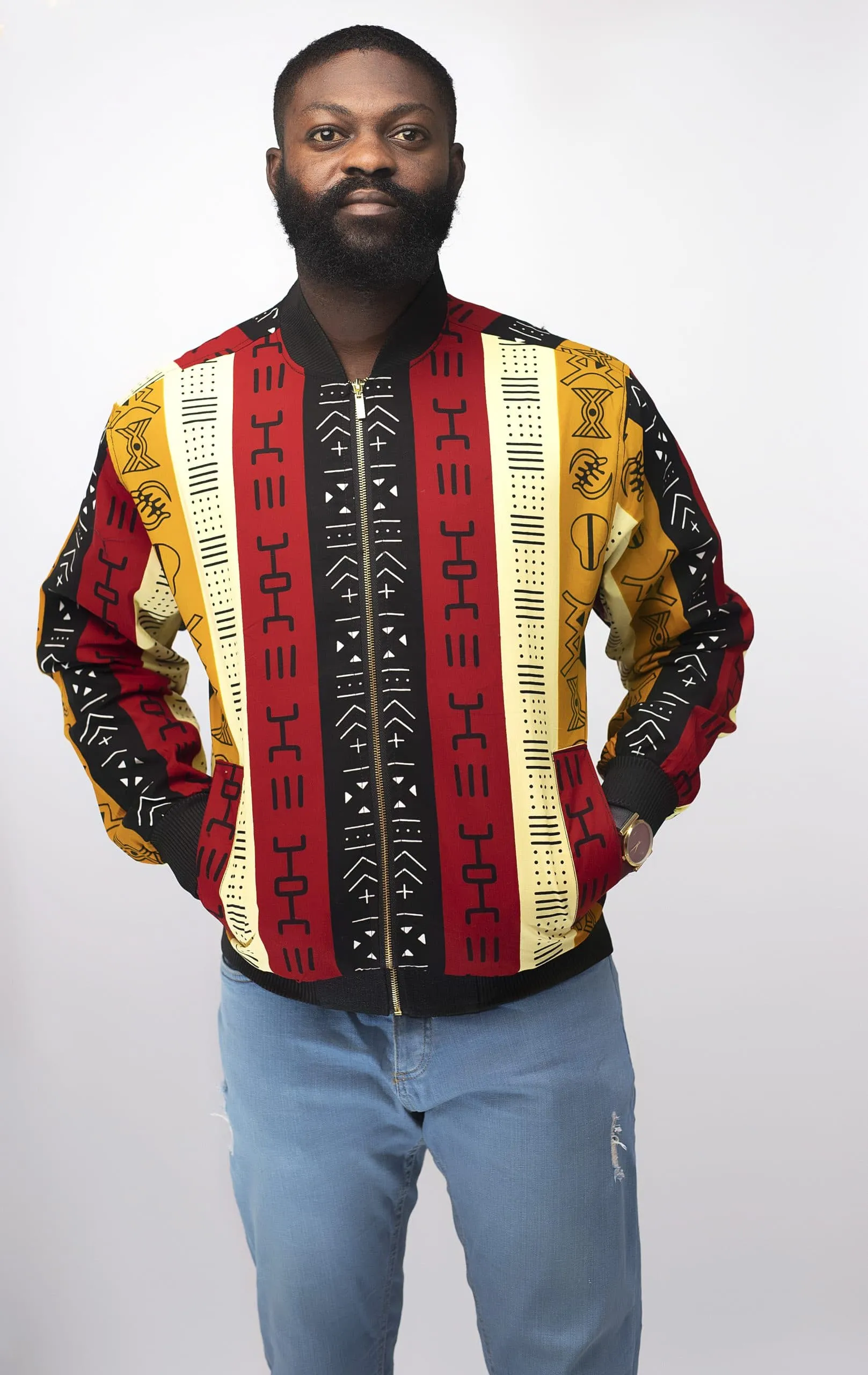 Kimani Men’s Kente Print Bomber Jacket -