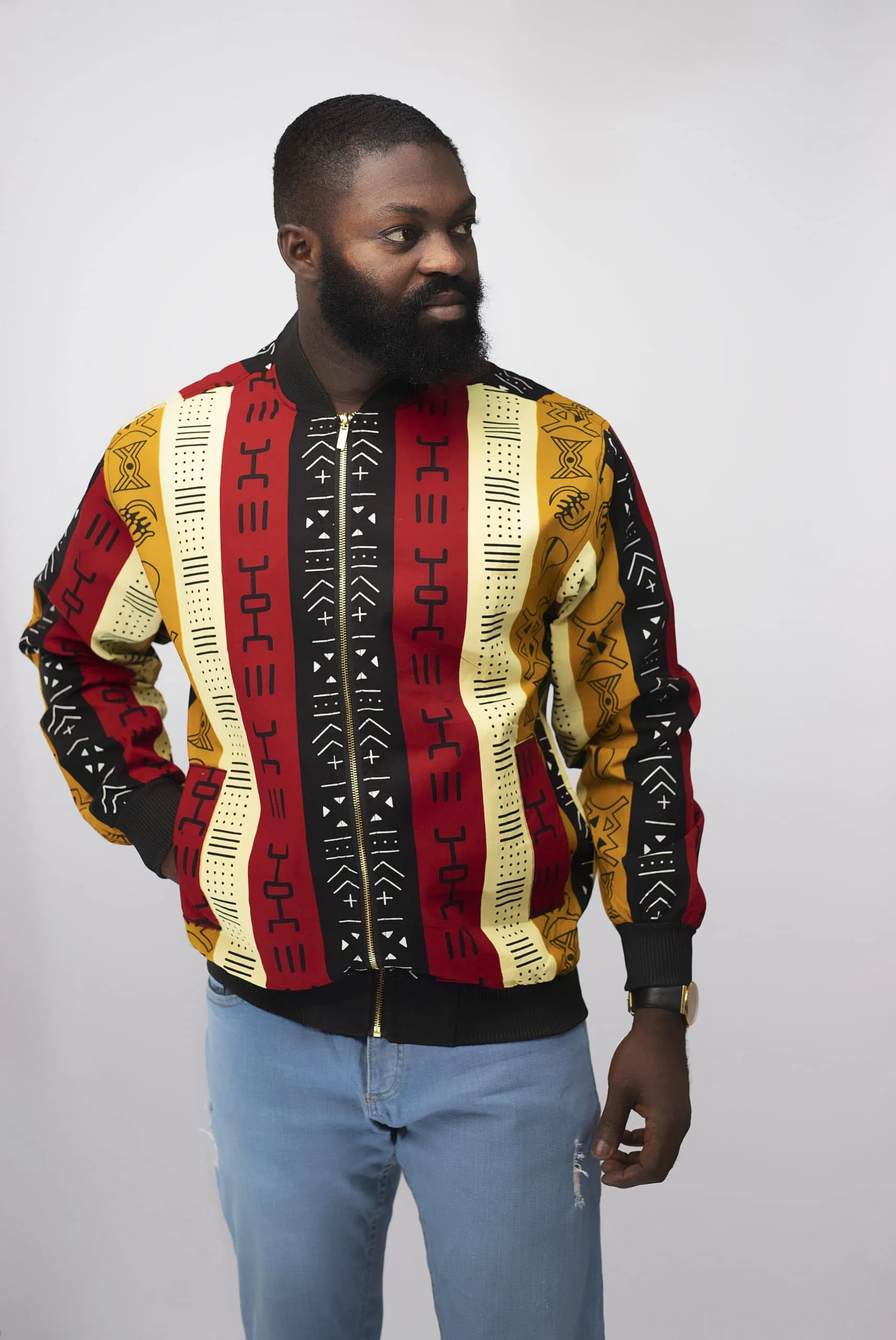 Kimani Men’s Kente Print Bomber Jacket -