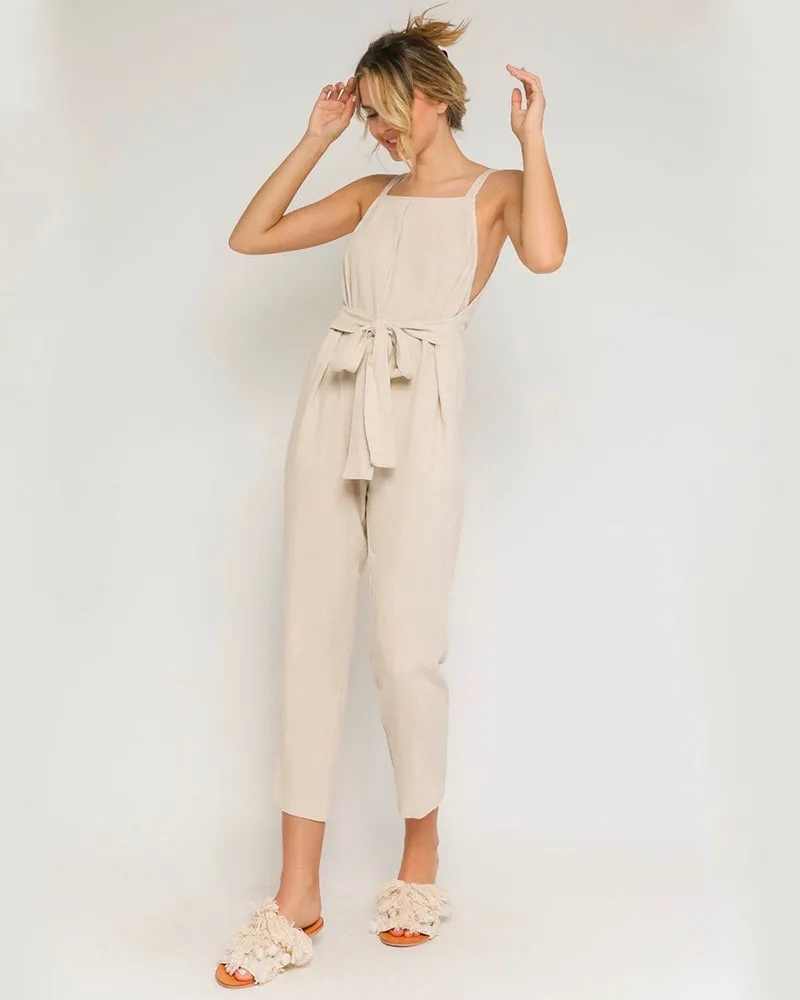 Linen Blend Waist Tie Jumpsuit in Natural