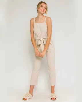 Linen Blend Waist Tie Jumpsuit in Natural