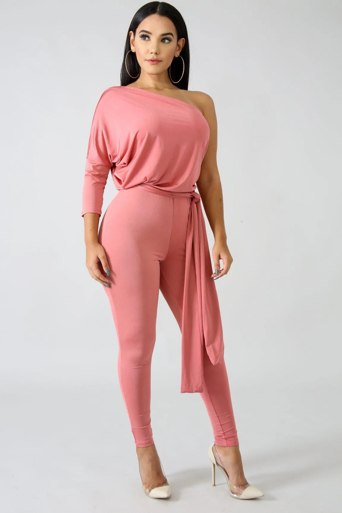 Mauve Cold Shoulder Belted Jumpsuit