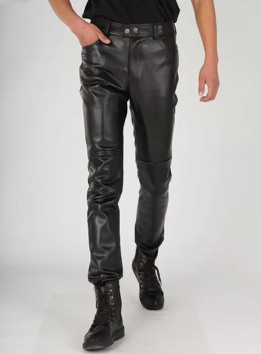 Men's Winter Synthetic Leather Motorcycle Straight Mid Waist Casual Pants