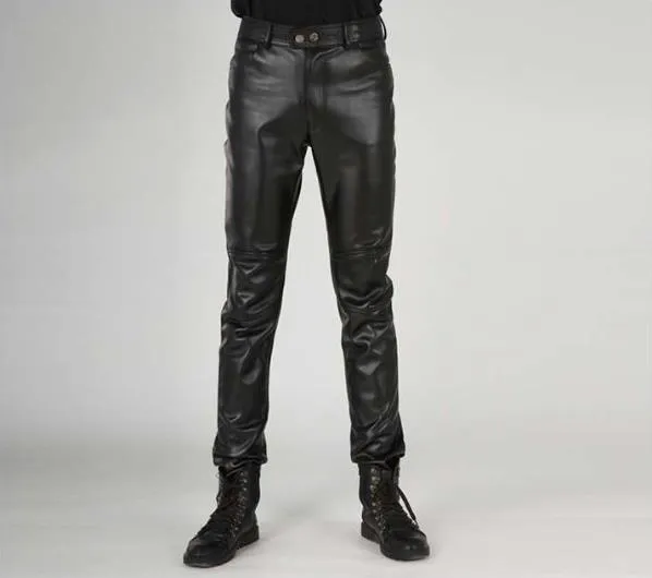 Men's Winter Synthetic Leather Motorcycle Straight Mid Waist Casual Pants