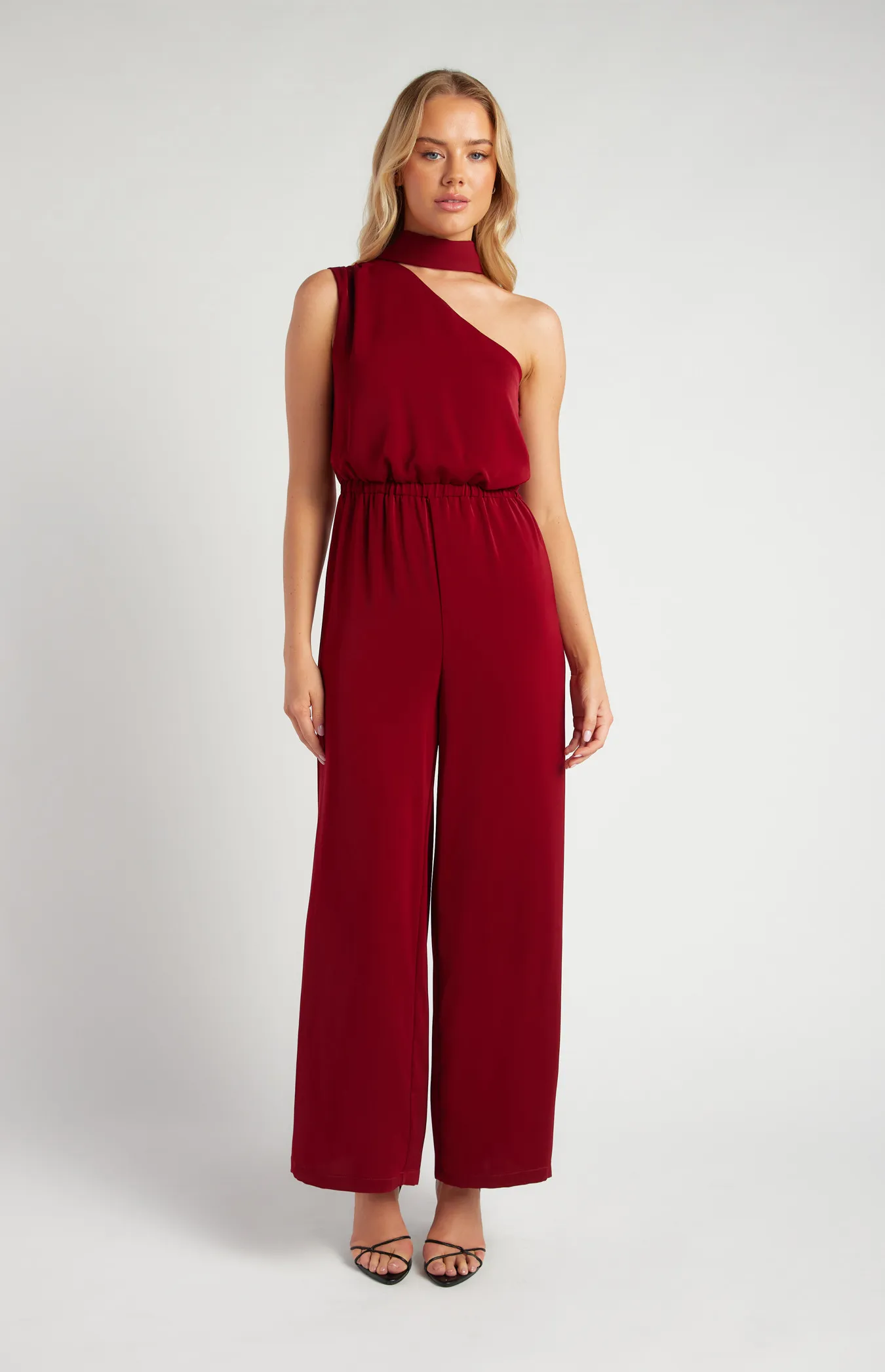 One Shoulder Elastic Waist Scarf Detail Jumpsuit (SJP597B)