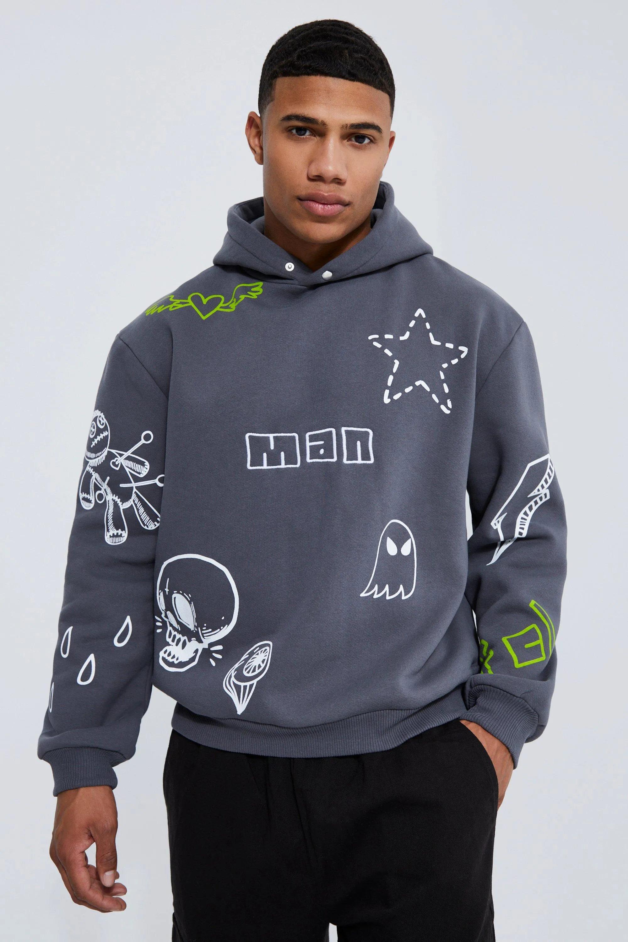 Oversized Boxy Doodle Graphic Hoodie | boohooMAN UK