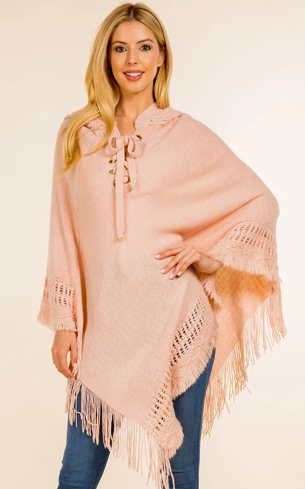 PA90B7 Solid Poncho w/Lace Up & Hood Design