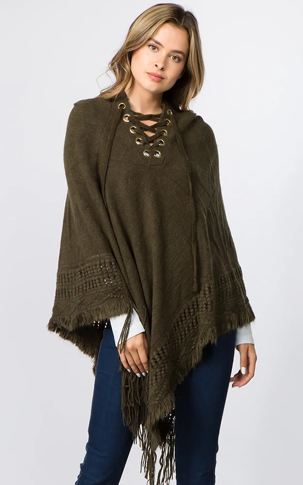 PA90B7 Solid Poncho w/Lace Up & Hood Design