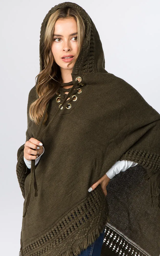 PA90B7 Solid Poncho w/Lace Up & Hood Design