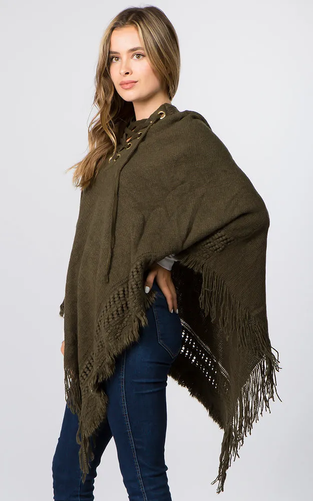 PA90B7 Solid Poncho w/Lace Up & Hood Design