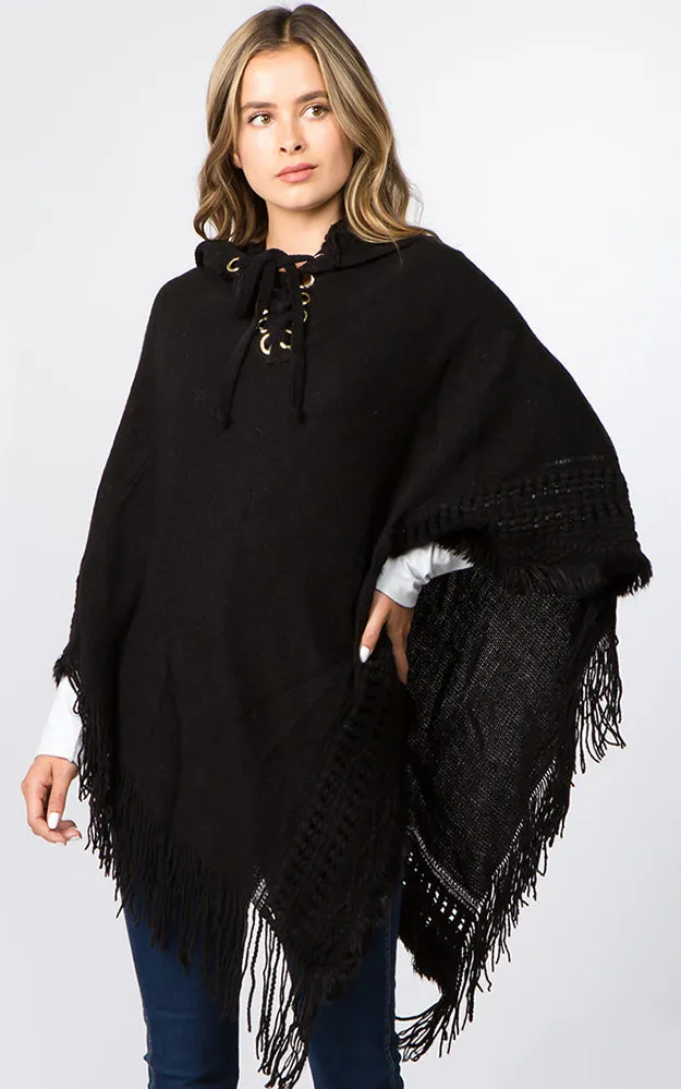 PA90B7 Solid Poncho w/Lace Up & Hood Design