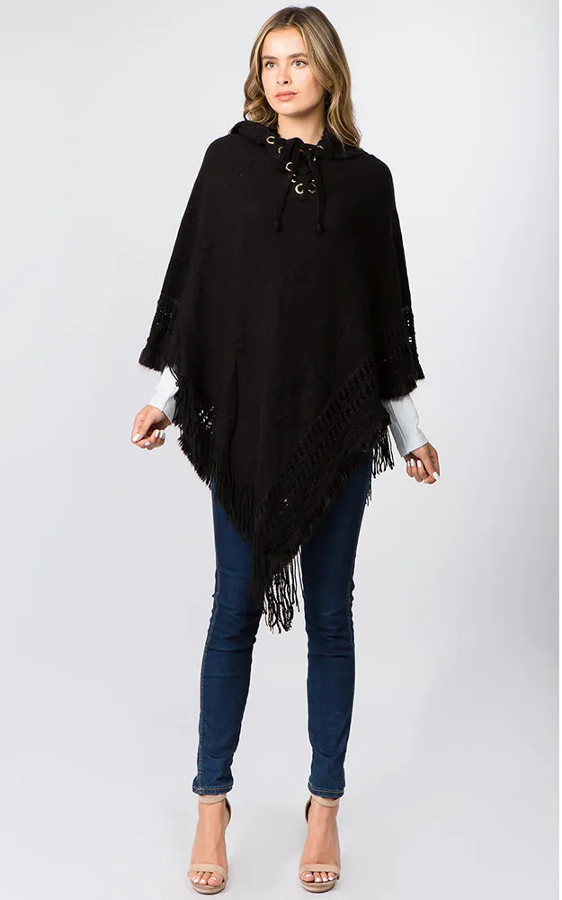 PA90B7 Solid Poncho w/Lace Up & Hood Design