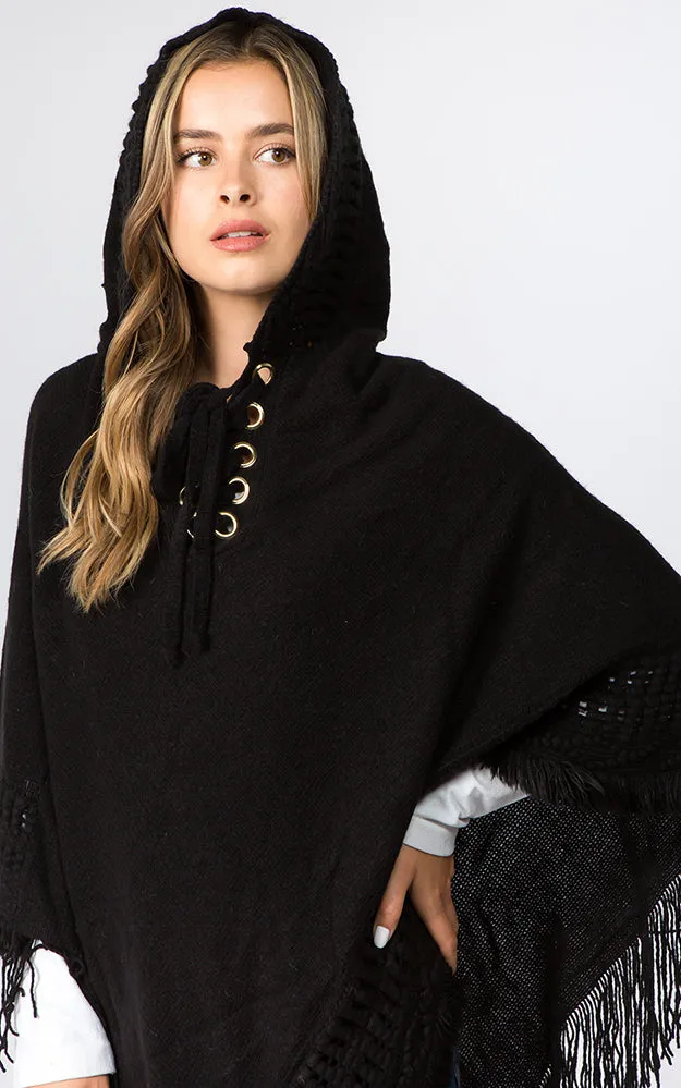 PA90B7 Solid Poncho w/Lace Up & Hood Design