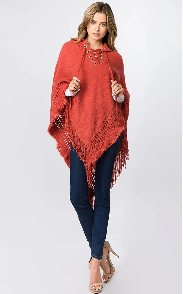 PA90B7 Solid Poncho w/Lace Up & Hood Design