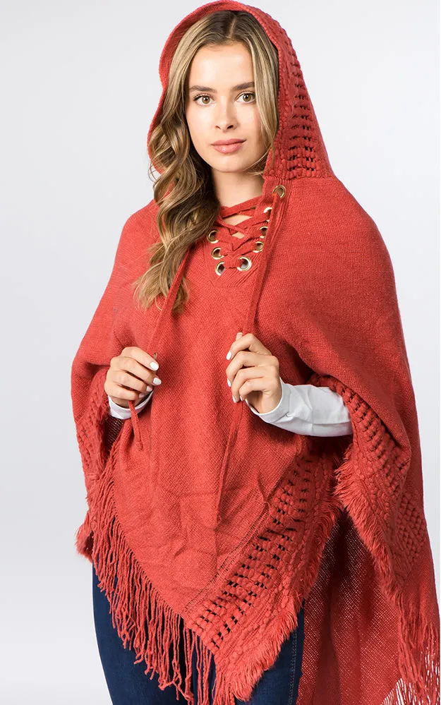 PA90B7 Solid Poncho w/Lace Up & Hood Design