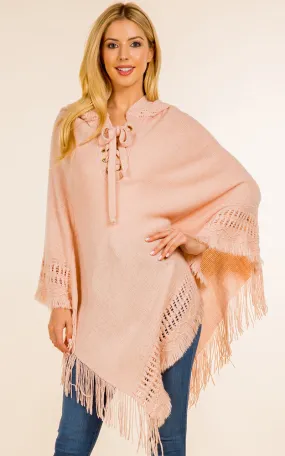 PA90B7 Solid Poncho w/Lace Up & Hood Design