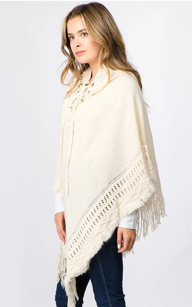 PA90B7 Solid Poncho w/Lace Up & Hood Design