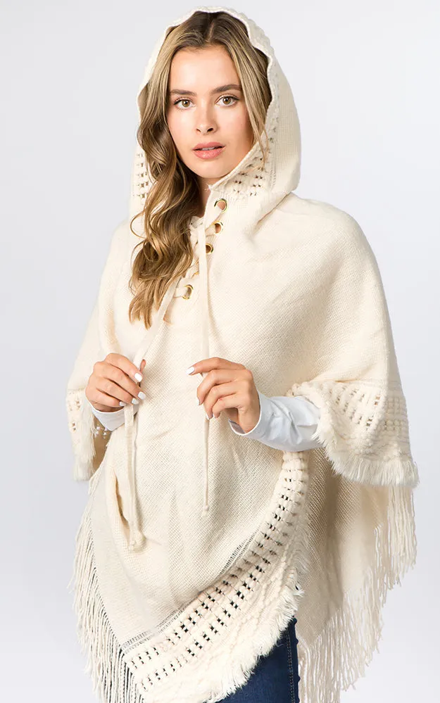 PA90B7 Solid Poncho w/Lace Up & Hood Design