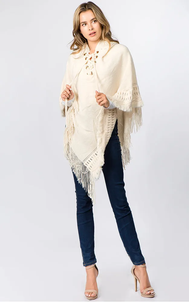 PA90B7 Solid Poncho w/Lace Up & Hood Design