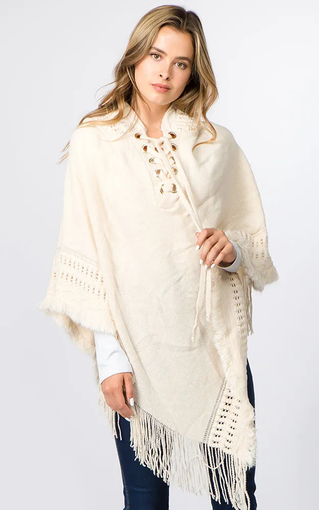 PA90B7 Solid Poncho w/Lace Up & Hood Design