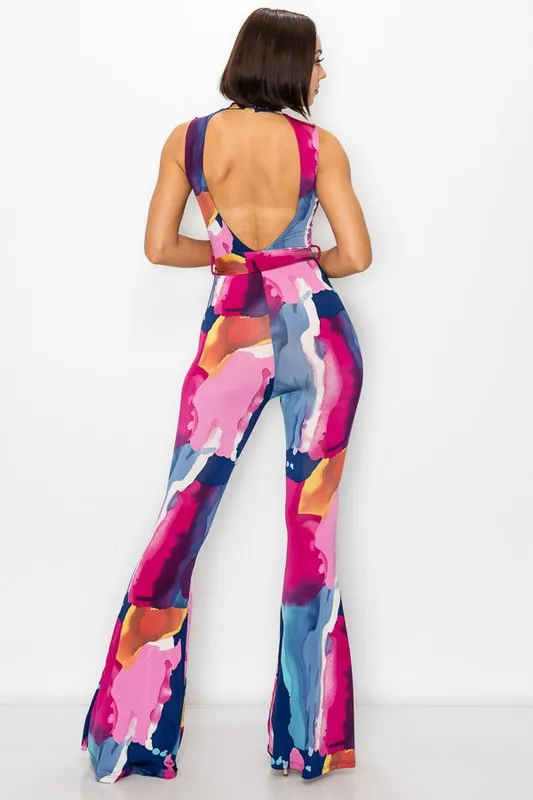 Painted Bell Bottom Jumpsuit with Open Back & Front Tie Waist