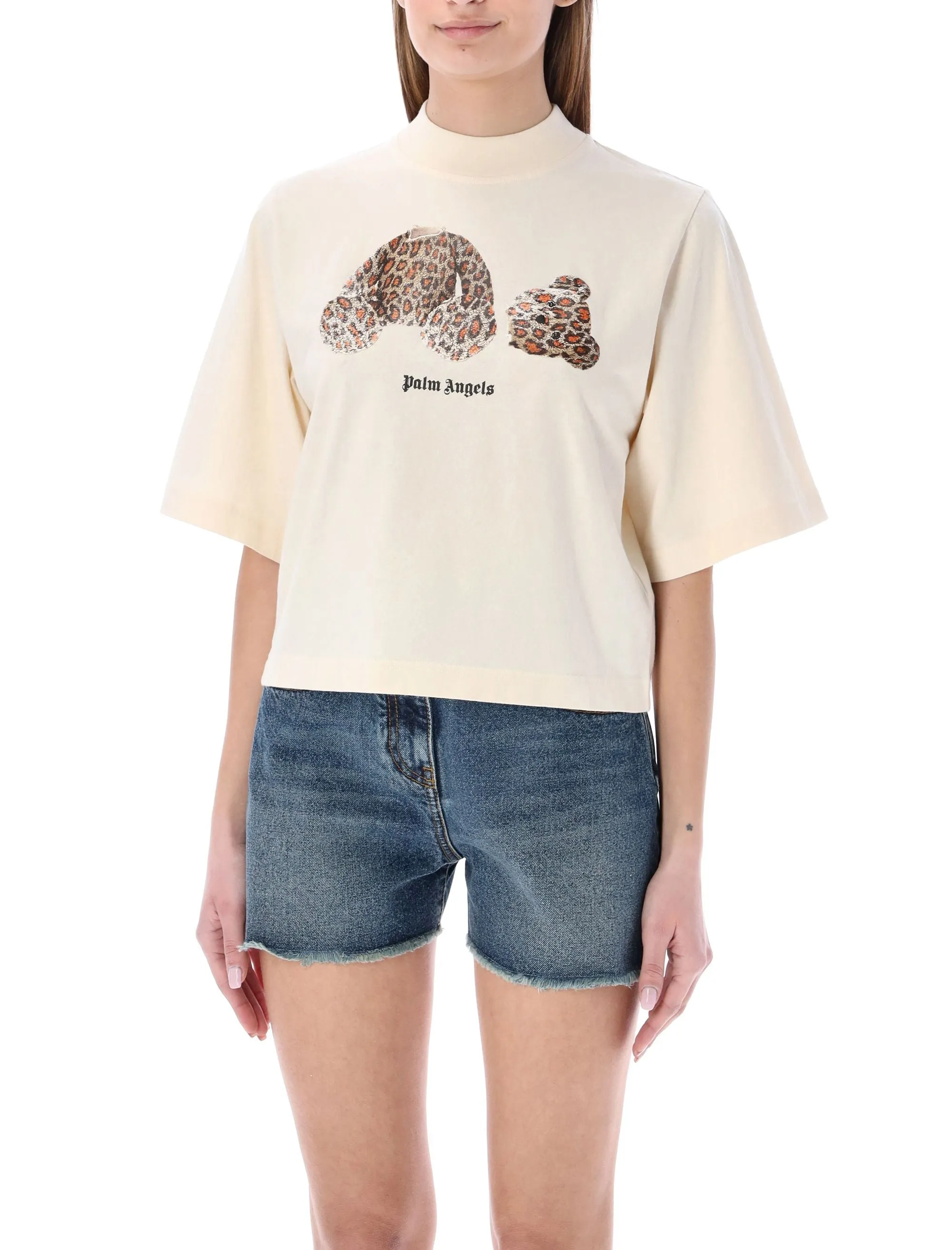 Palm Angels Crewneck Leopard Bear Cropped T-Shirt