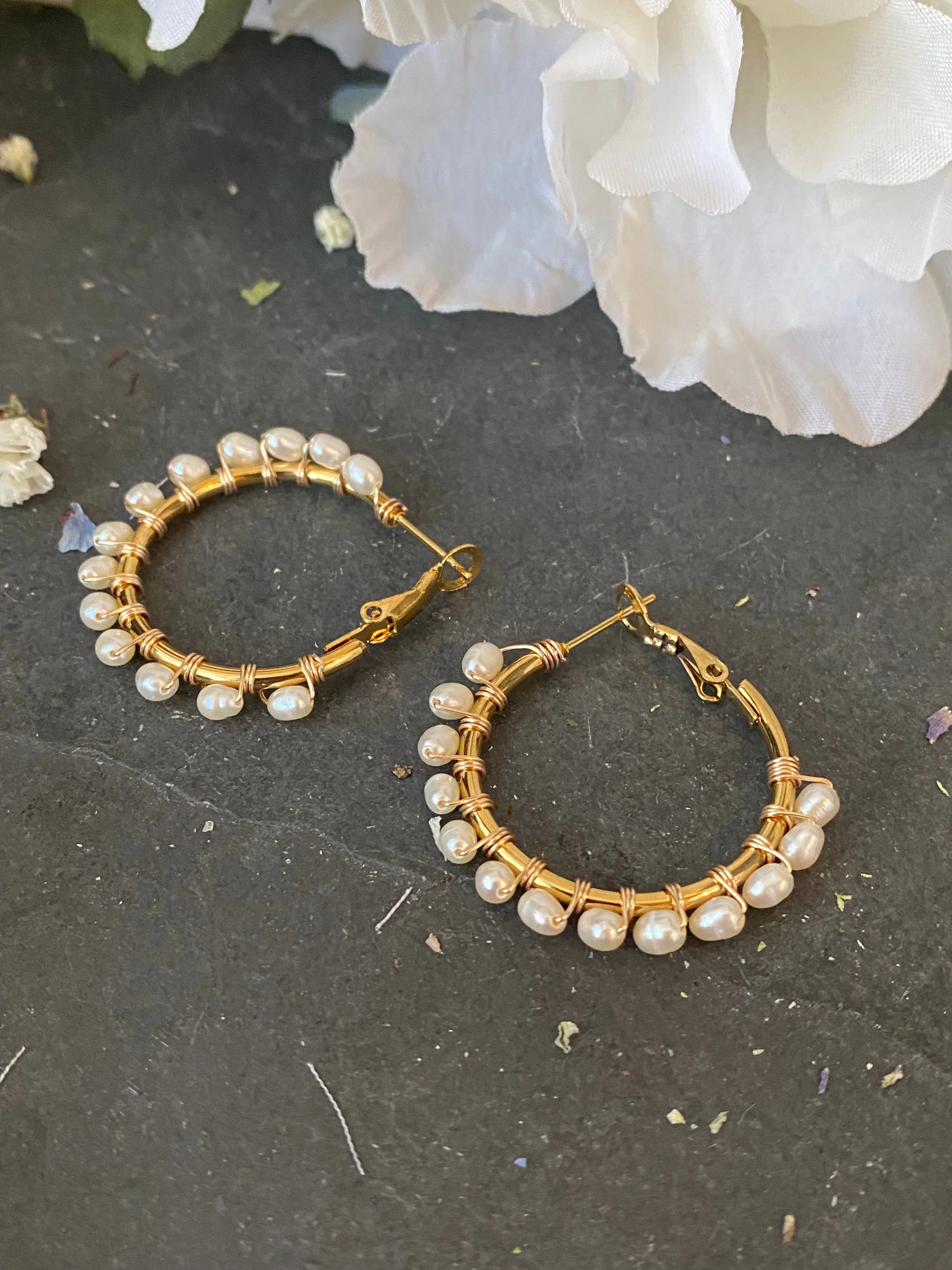 Pearls, hoops, gold metal, earrings, jewelry